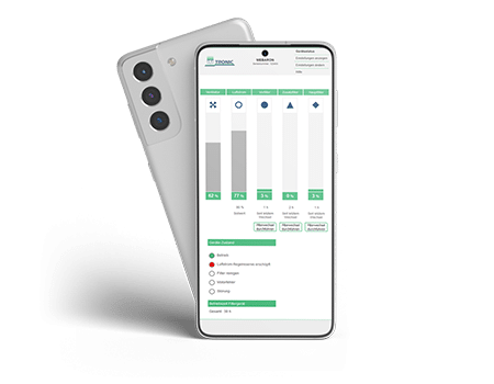 ISI-TRONIC | Digitale Filtergergerätesteuerung für Luftfiltergeräte | Smartphoneansicht | Steuerung von Luftleistung und Regelreserve. | Verschmutzungsgrad der Filtermedien überwachen.