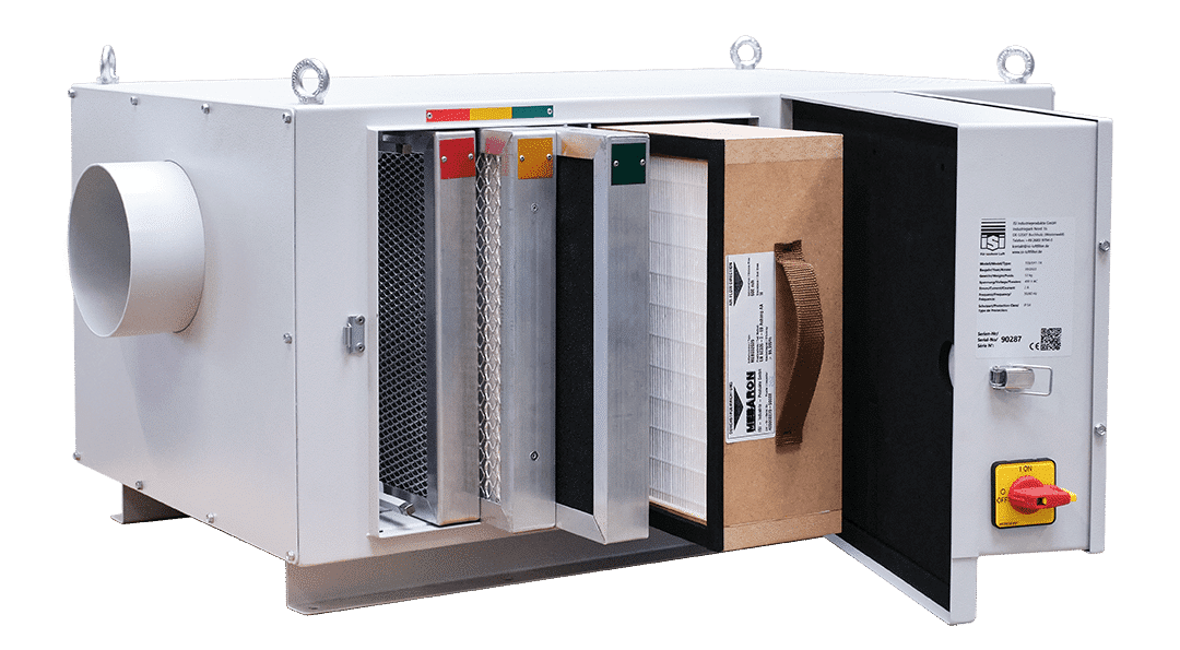 TEBARON mechanical separator for emulsion mists | opened with filter media | ISI Industrieprodukte GmbH