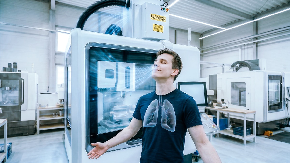 Elektrostatisches Luftfiltergerät ELBARON® auf CNC Bearbeitungszentrum. | KI-generiert mit Adobe Firefly
